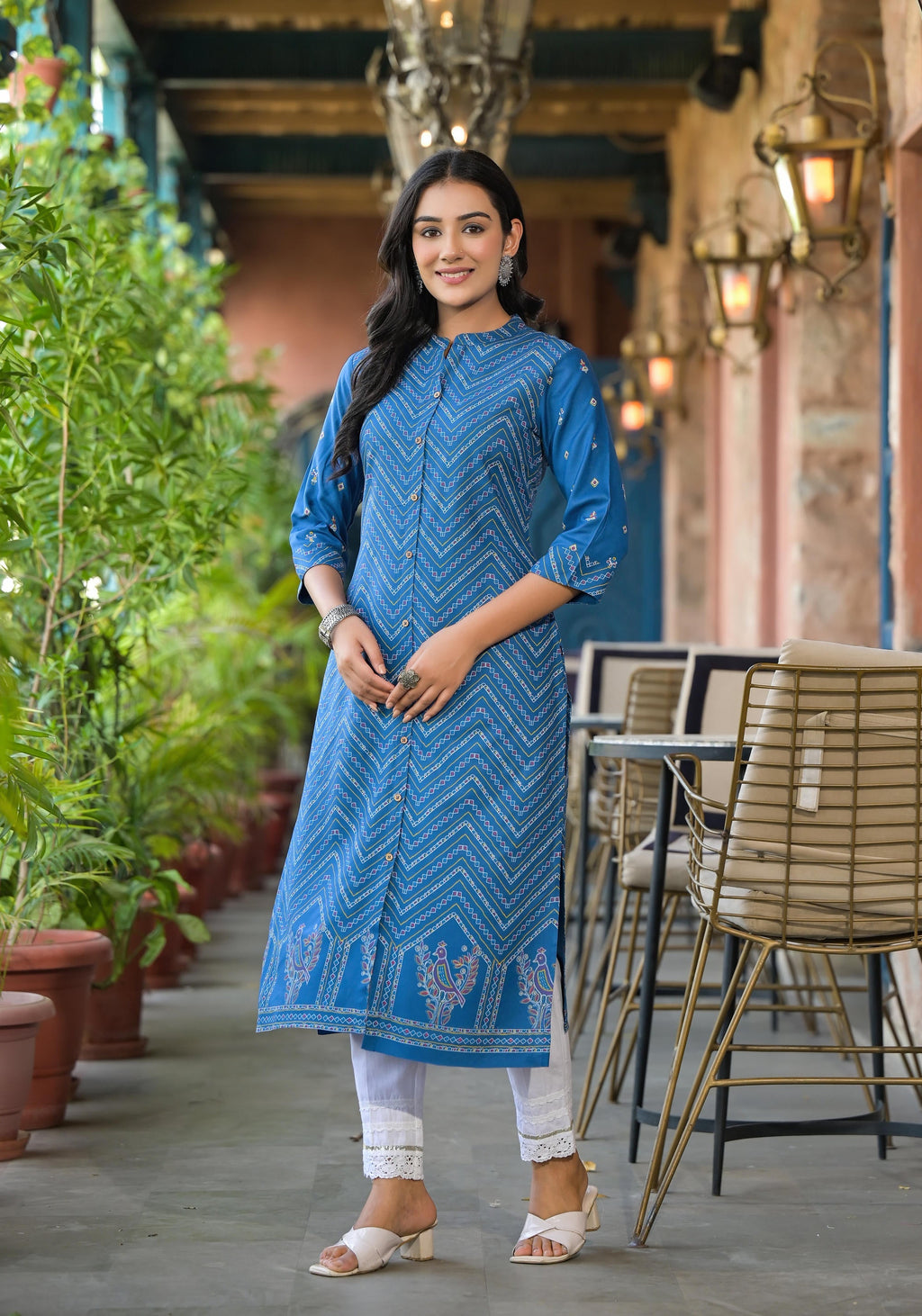 Juniper Blue Ethnic Motif Printed Viscose Kurta With Button Closure | Grocsy