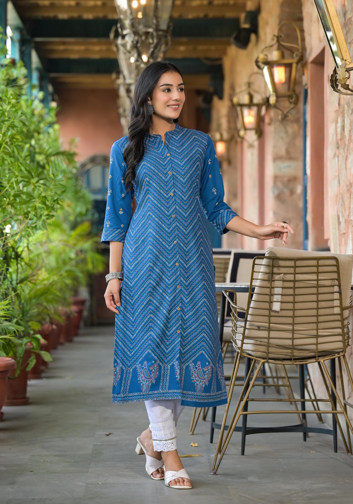 Juniper Blue Ethnic Motif Printed Viscose Kurta With Button Closure | Grocsy