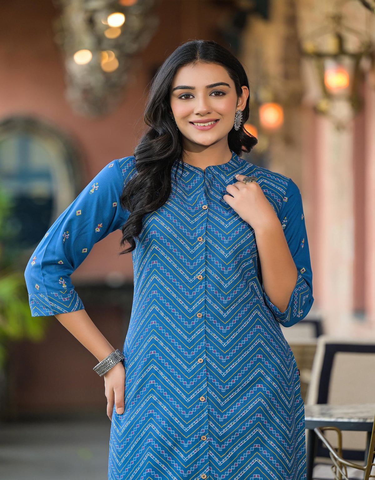 Juniper Women's Blue Ethnic Motif Printed Viscose Kurta With Button Closure | Grocsy