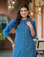 Juniper Blue Ethnic Motif Printed Viscose Kurta With Button Closure | Grocsy
