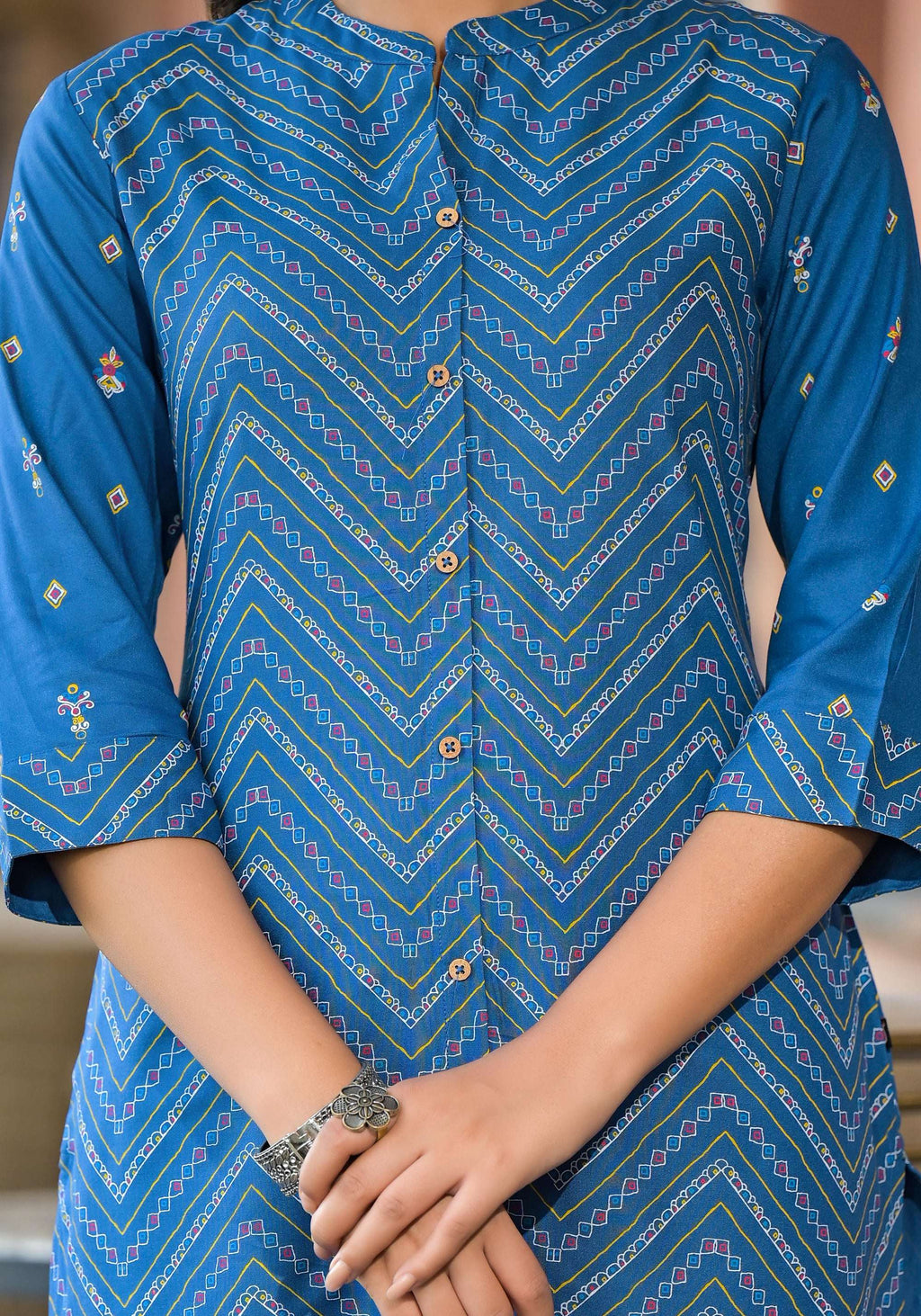 Juniper Women's Blue Ethnic Motif Printed Viscose Kurta With Button Closure | Grocsy