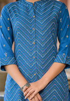 Juniper Women's Blue Ethnic Motif Printed Viscose Kurta With Button Closure | Grocsy