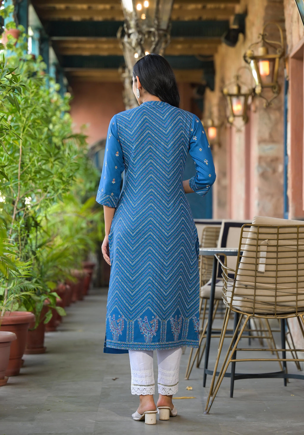 Juniper Blue Ethnic Motif Printed Viscose Kurta With Button Closure | Grocsy
