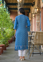 Juniper Blue Ethnic Motif Printed Viscose Kurta With Button Closure | Grocsy