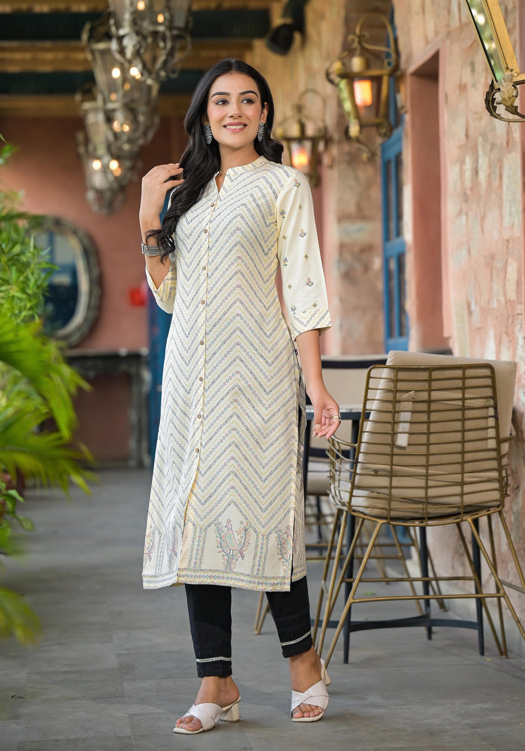 Juniper Women's Ivory Ethnic Motif Printed Viscose Kurta With Button Closure | Grocsy
