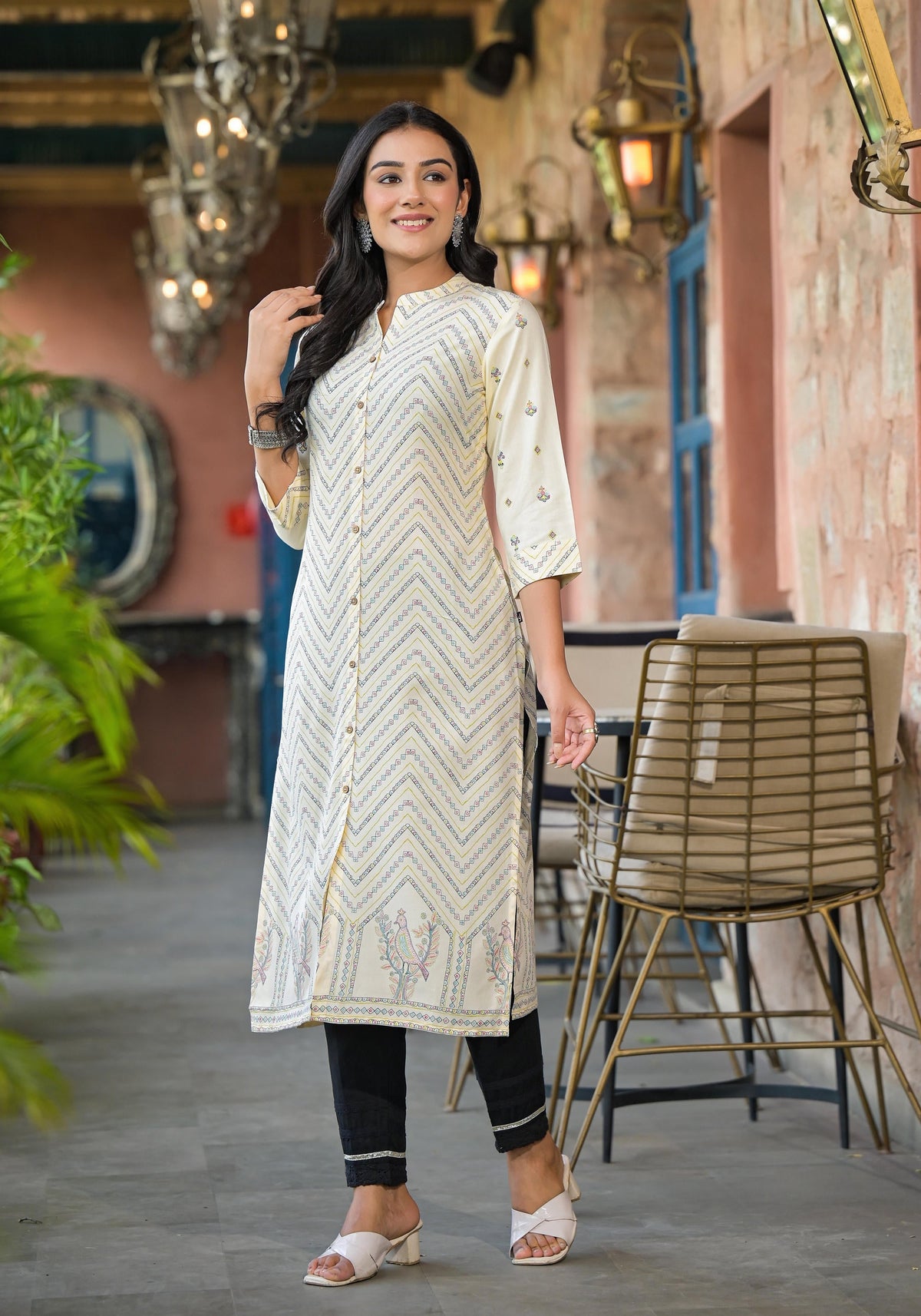 Juniper Women's Ivory Ethnic Motif Printed Viscose Kurta With Button Closure | Grocsy