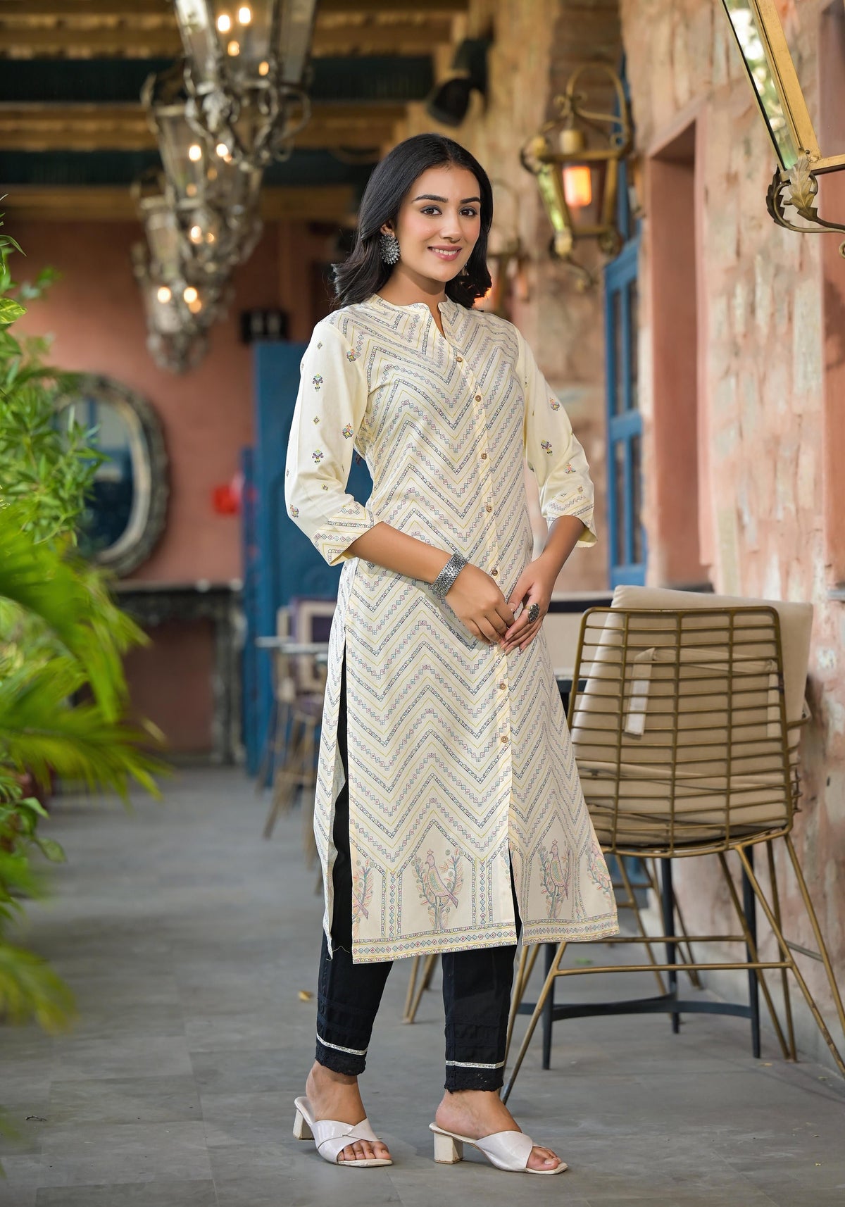 Juniper Women's Ivory Ethnic Motif Printed Viscose Kurta With Button Closure | Grocsy