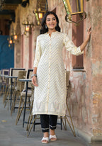 Juniper Women's Ivory Ethnic Motif Printed Viscose Kurta With Button Closure | Grocsy