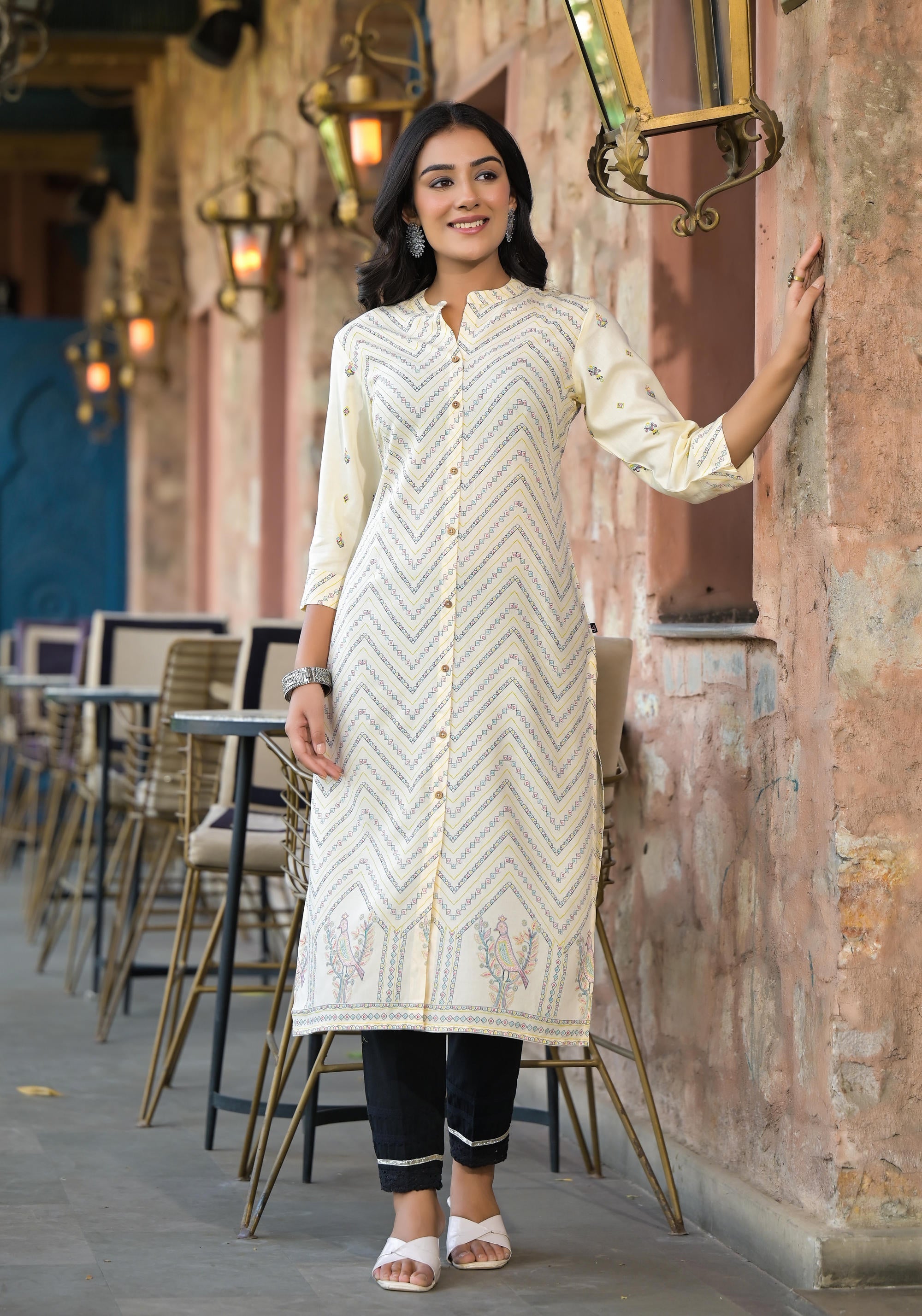 Juniper Women's Ivory Ethnic Motif Printed Viscose Kurta With Button Closure | Grocsy