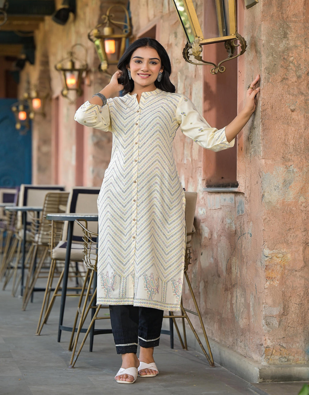 Juniper Women's Ivory Ethnic Motif Printed Viscose Kurta With Button Closure | Grocsy