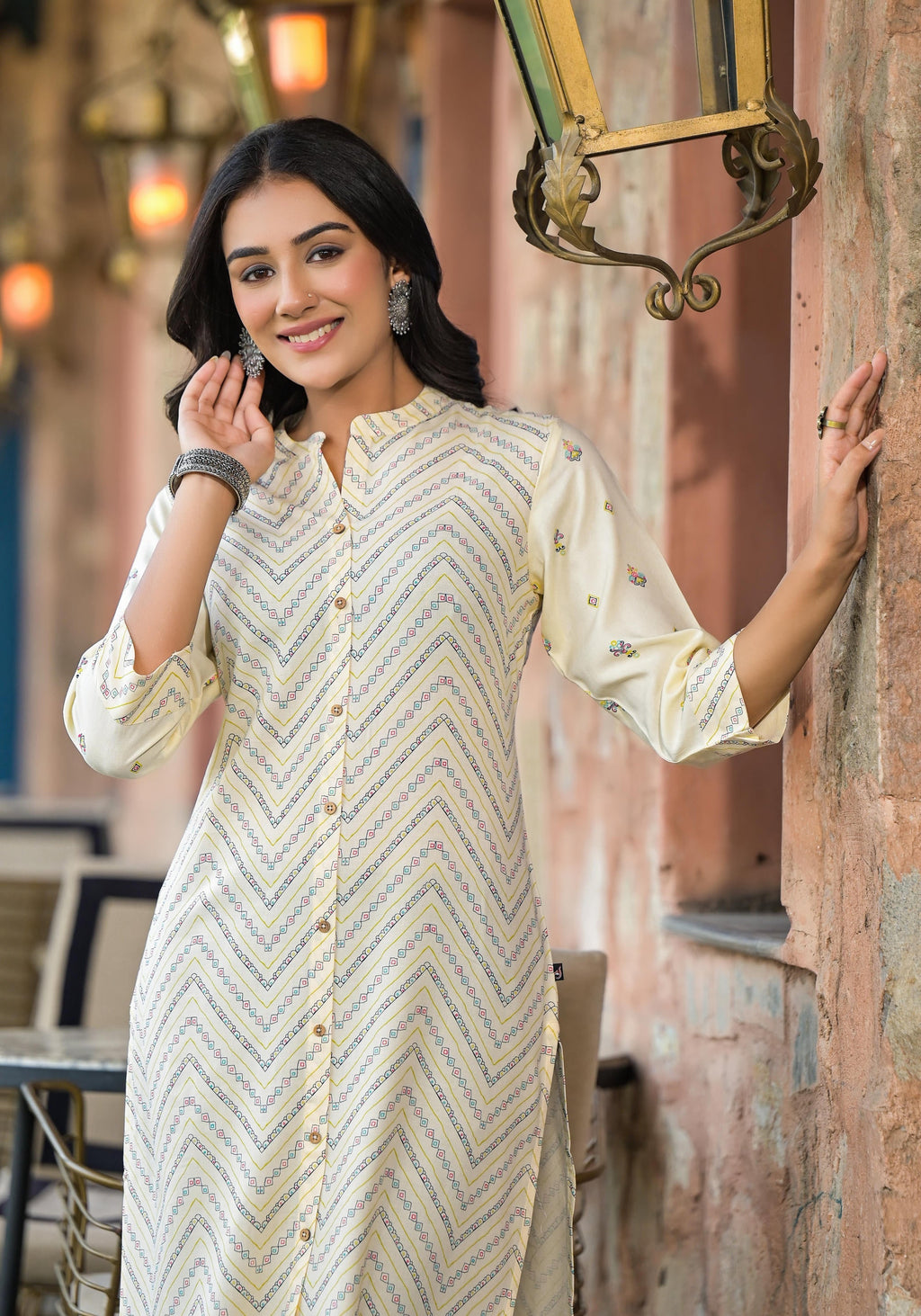 Juniper Women's Ivory Ethnic Motif Printed Viscose Kurta With Button Closure | Grocsy
