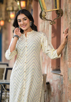 Juniper Women's Ivory Ethnic Motif Printed Viscose Kurta With Button Closure | Grocsy