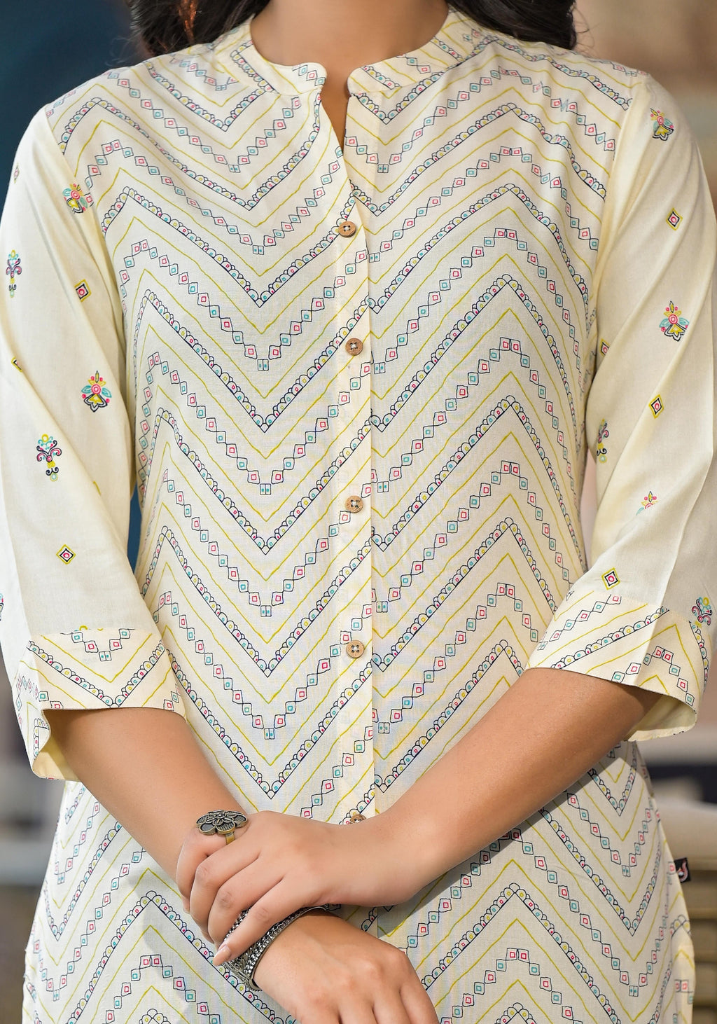 Juniper Women's Ivory Ethnic Motif Printed Viscose Kurta With Button Closure | Grocsy