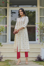 Juniper Ivory Floral Printed Cotton Kurta With Thread Work & Lace | Grocsy