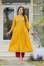 Juniper Women's Mustard Floral Printed Cotton Kurta With Thread Work & Lace | Grocsy