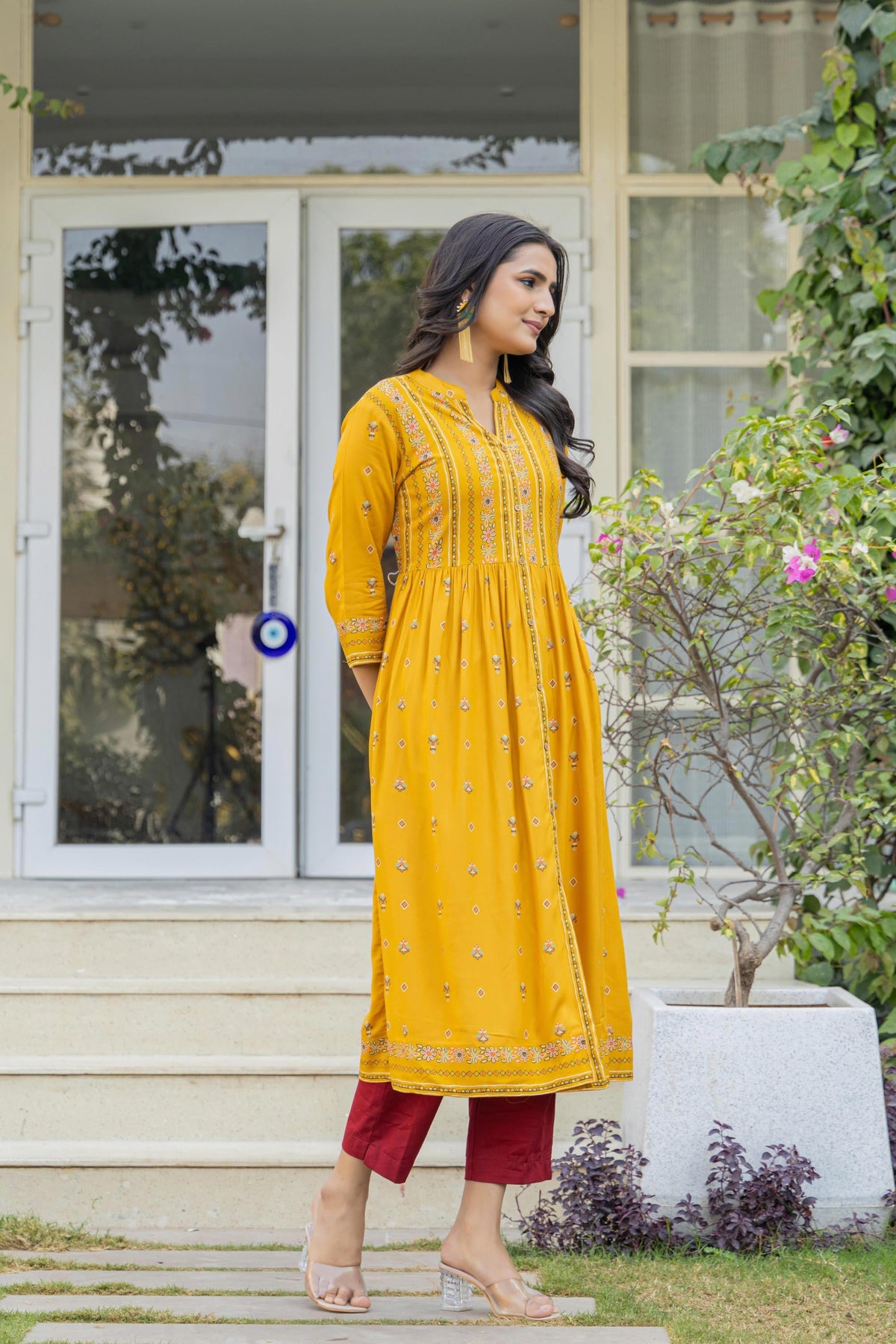 Juniper Women's Mustard Floral Printed Cotton Kurta With Thread Work & Lace | Grocsy