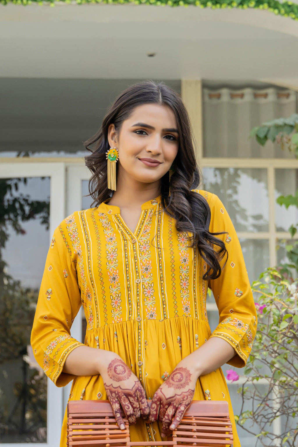 Juniper Women's Mustard Floral Printed Cotton Kurta With Thread Work & Lace | Grocsy