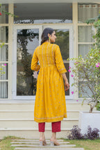 Juniper Women's Mustard Floral Printed Cotton Kurta With Thread Work & Lace | Grocsy
