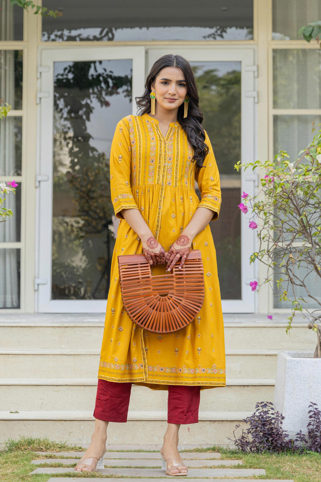 Juniper Women's Mustard Floral Printed Cotton Kurta With Thread Work & Lace | Grocsy