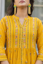 Juniper Women's Mustard Floral Printed Cotton Kurta With Thread Work & Lace | Grocsy