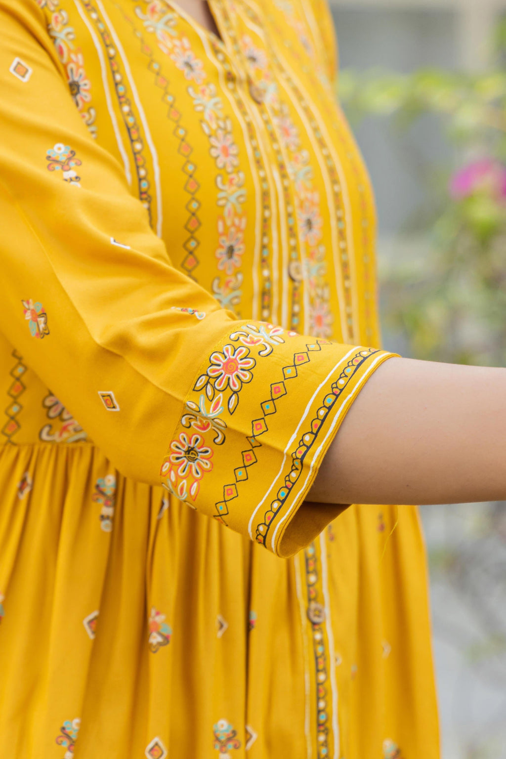 Juniper Women's Mustard Floral Printed Cotton Kurta With Thread Work & Lace | Grocsy