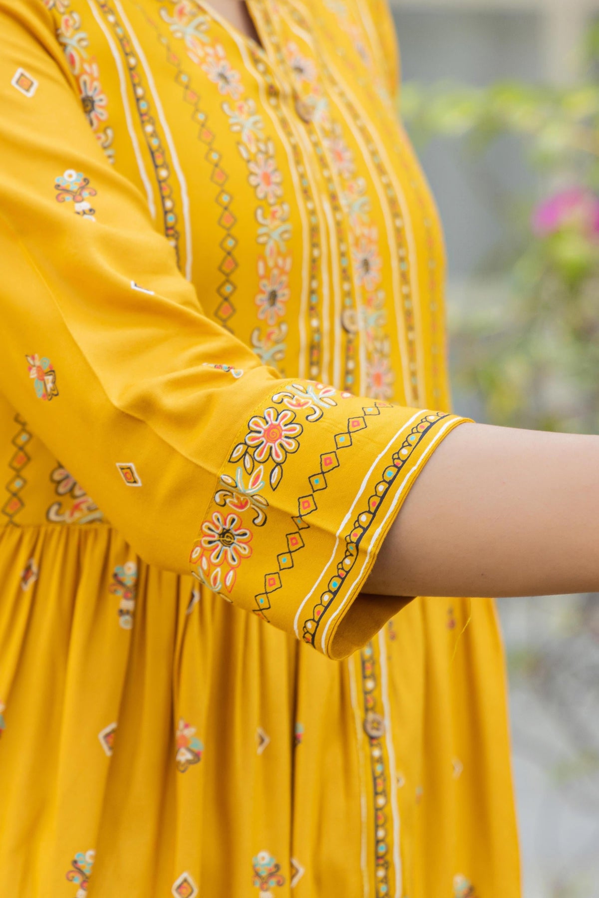Juniper Women's Mustard Floral Printed Cotton Kurta With Thread Work & Lace | Grocsy
