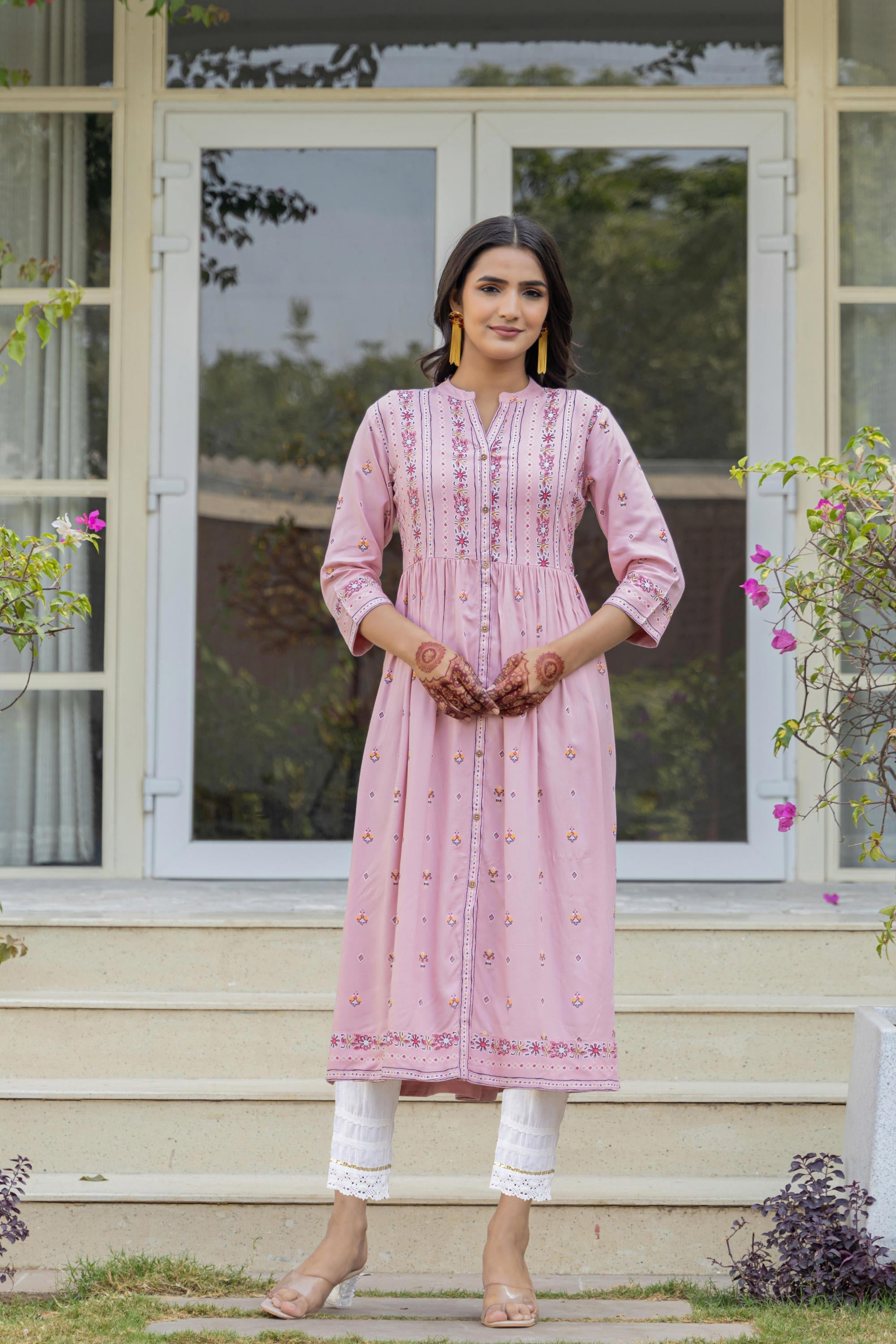 Juniper Pink Floral Printed Viscose Kurta With Buttons | Grocsy