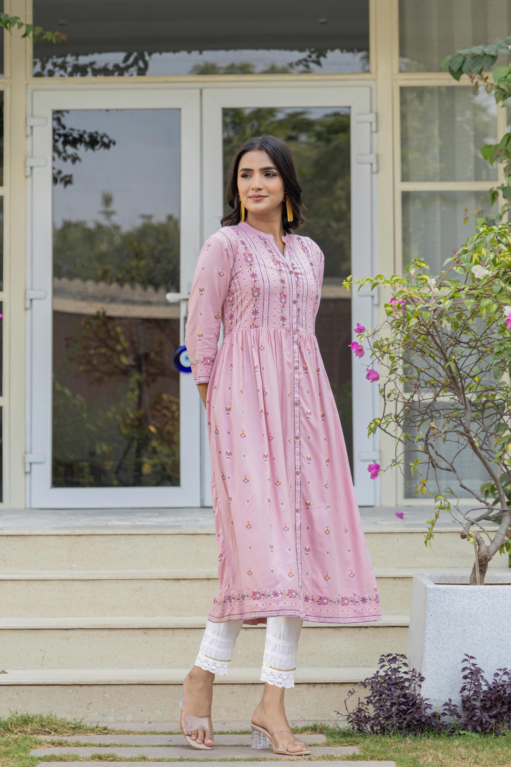 Juniper Pink Floral Printed Viscose Kurta With Buttons | Grocsy