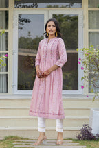 Juniper Pink Floral Printed Viscose Kurta With Buttons | Grocsy