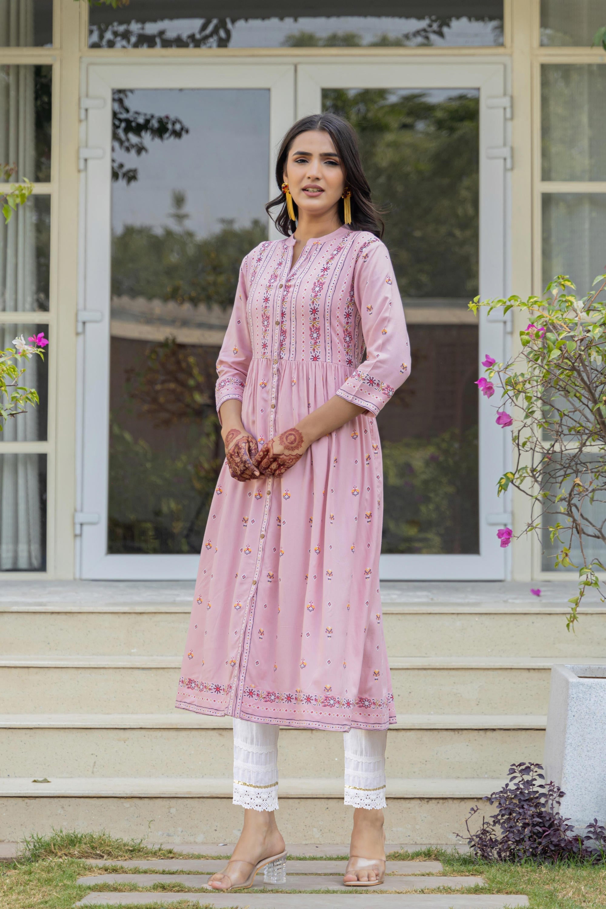 Juniper Pink Floral Printed Viscose Kurta With Buttons | Grocsy