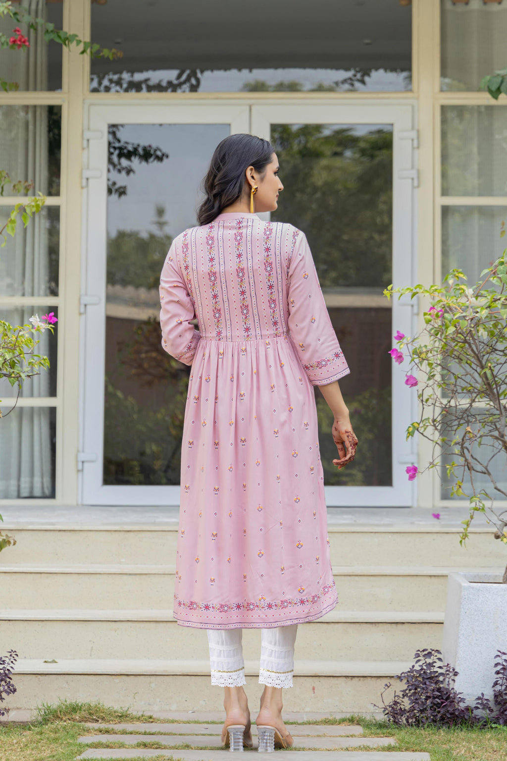 Juniper Pink Floral Printed Viscose Kurta With Buttons | Grocsy