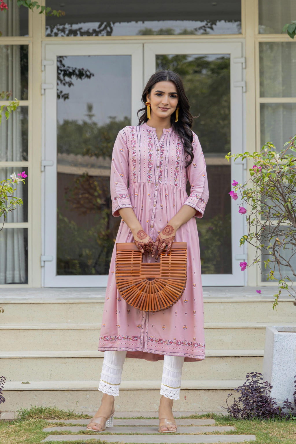 Juniper Pink Floral Printed Viscose Kurta With Buttons | Grocsy