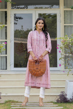 Juniper Pink Floral Printed Viscose Kurta With Buttons | Grocsy