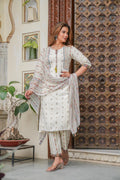 Juniper Off white printed kurta , Printed bottom and floral dupatta with dori and tassel | Grocsy