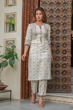 Juniper Off white printed kurta , Printed bottom and floral dupatta with dori and tassel | Grocsy