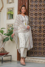 Juniper Off white printed kurta , Printed bottom and floral dupatta with dori and tassel | Grocsy