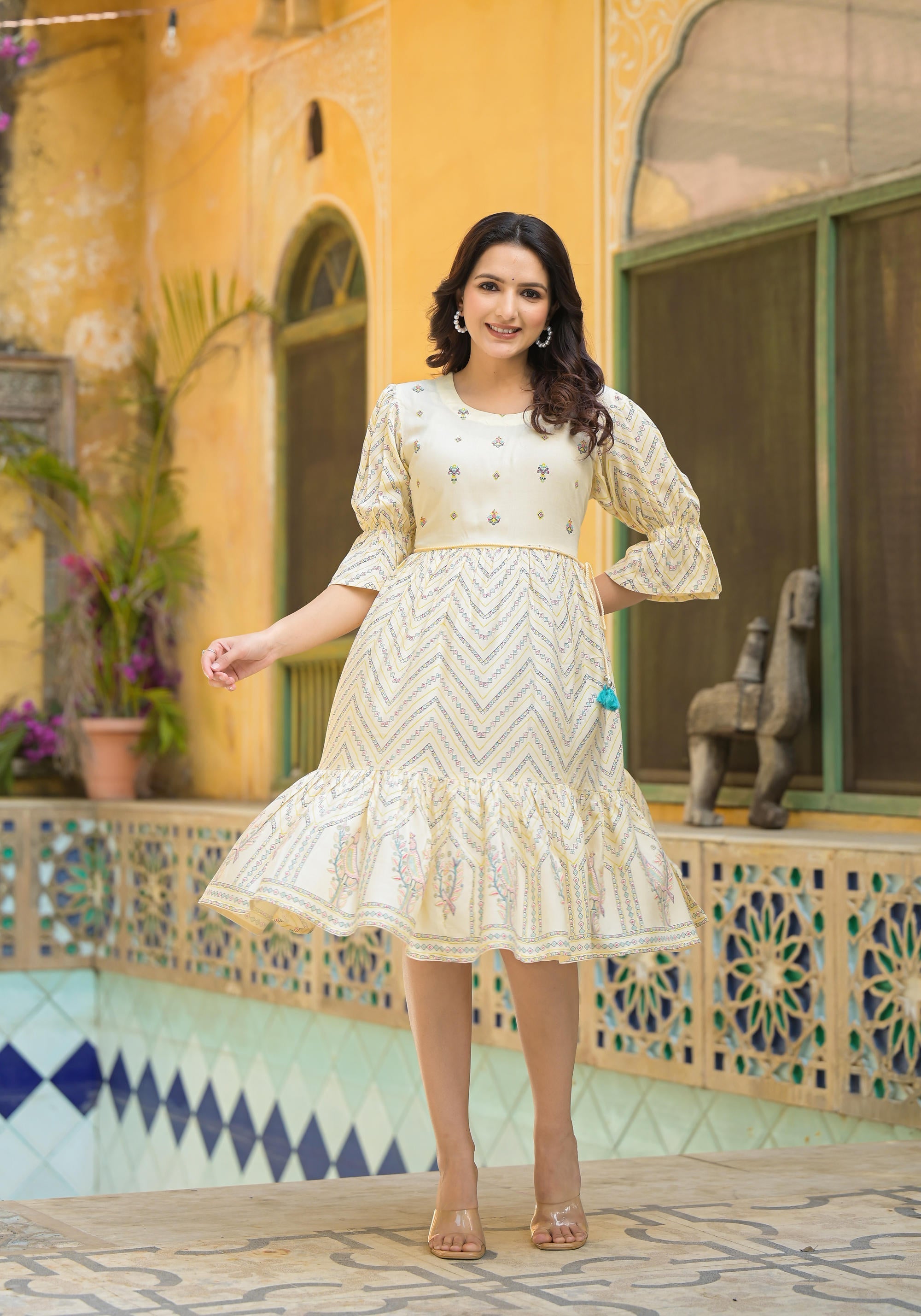 Juniper Ivory Ethnic Motif Printed Viscose Short Dress With Dori | Grocsy