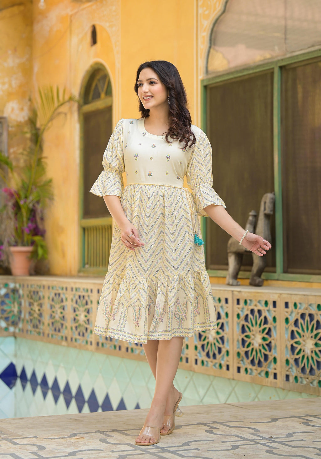 Juniper Ivory Ethnic Motif Printed Viscose Short Dress With Dori | Grocsy