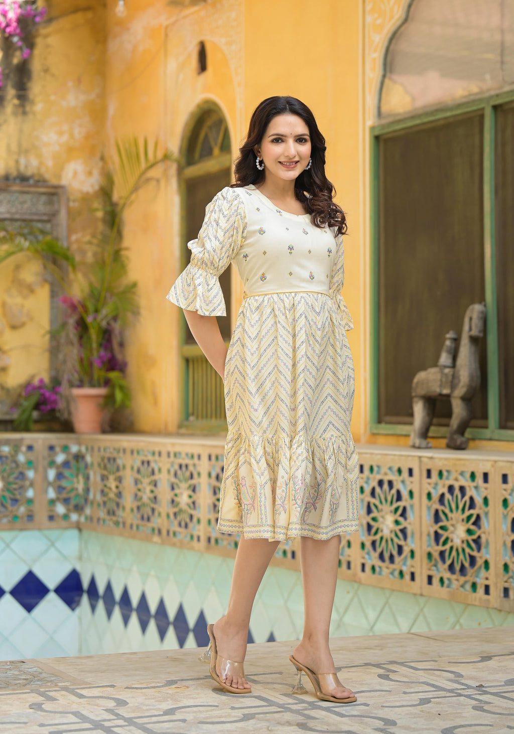 Juniper Ivory Ethnic Motif Printed Viscose Short Dress With Dori | Grocsy