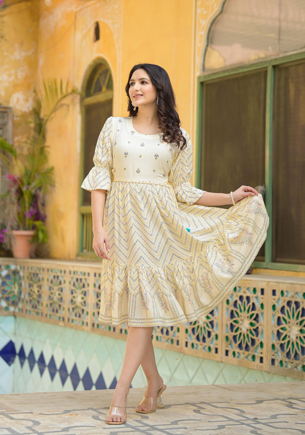 Juniper Ivory Ethnic Motif Printed Viscose Short Dress With Dori | Grocsy