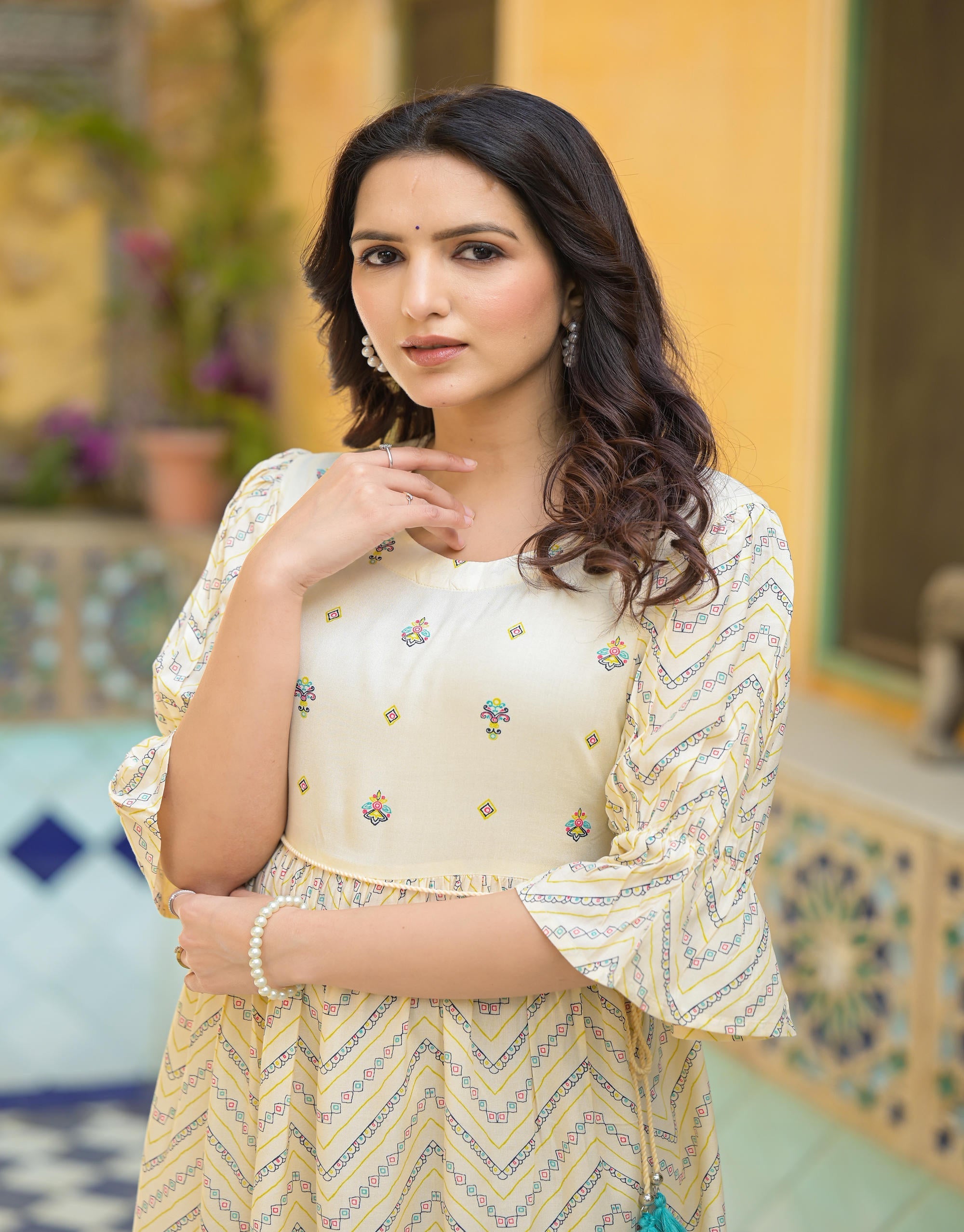 Juniper Ivory Ethnic Motif Printed Viscose Short Dress With Dori | Grocsy