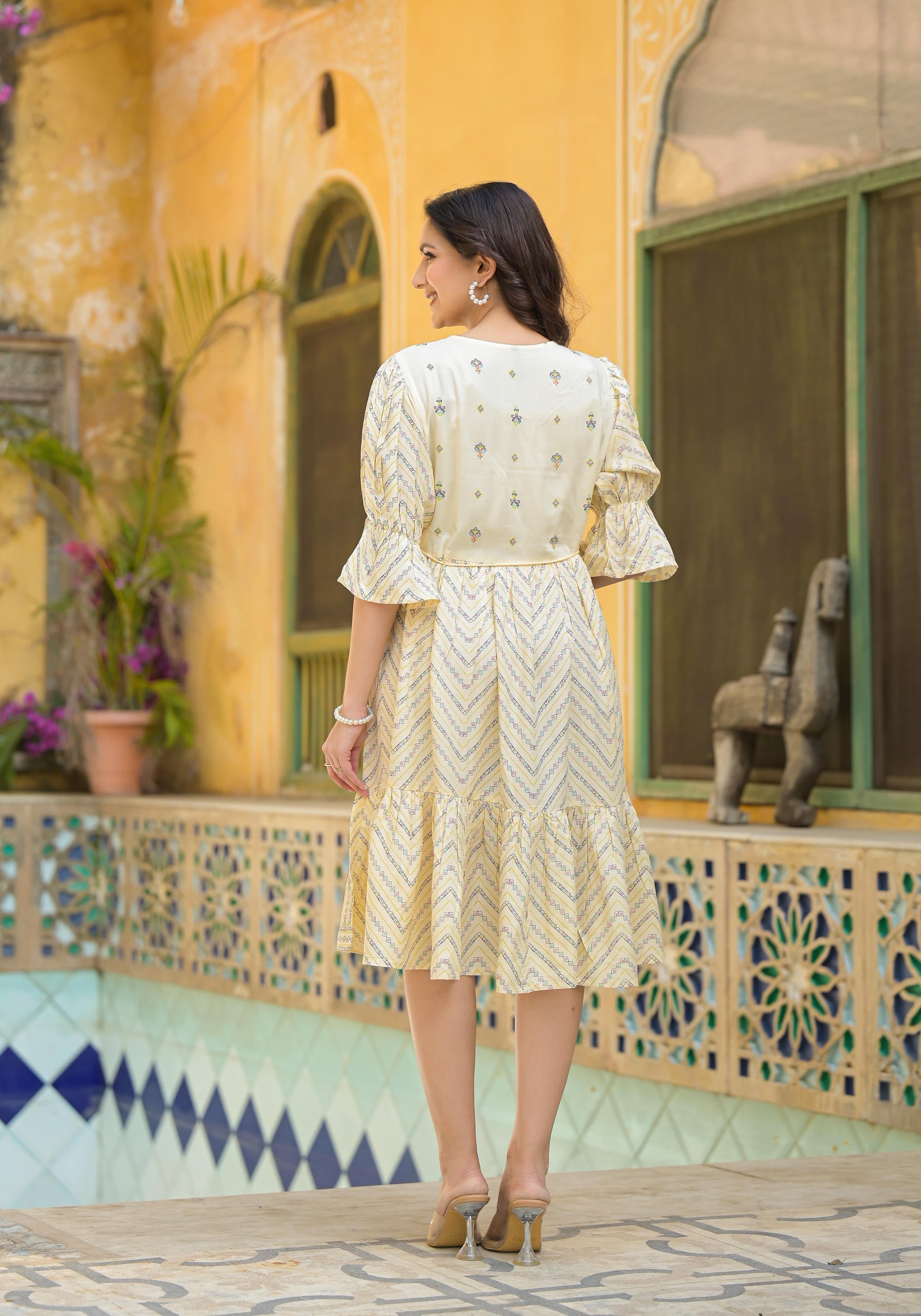 Juniper Ivory Ethnic Motif Printed Viscose Short Dress With Dori | Grocsy