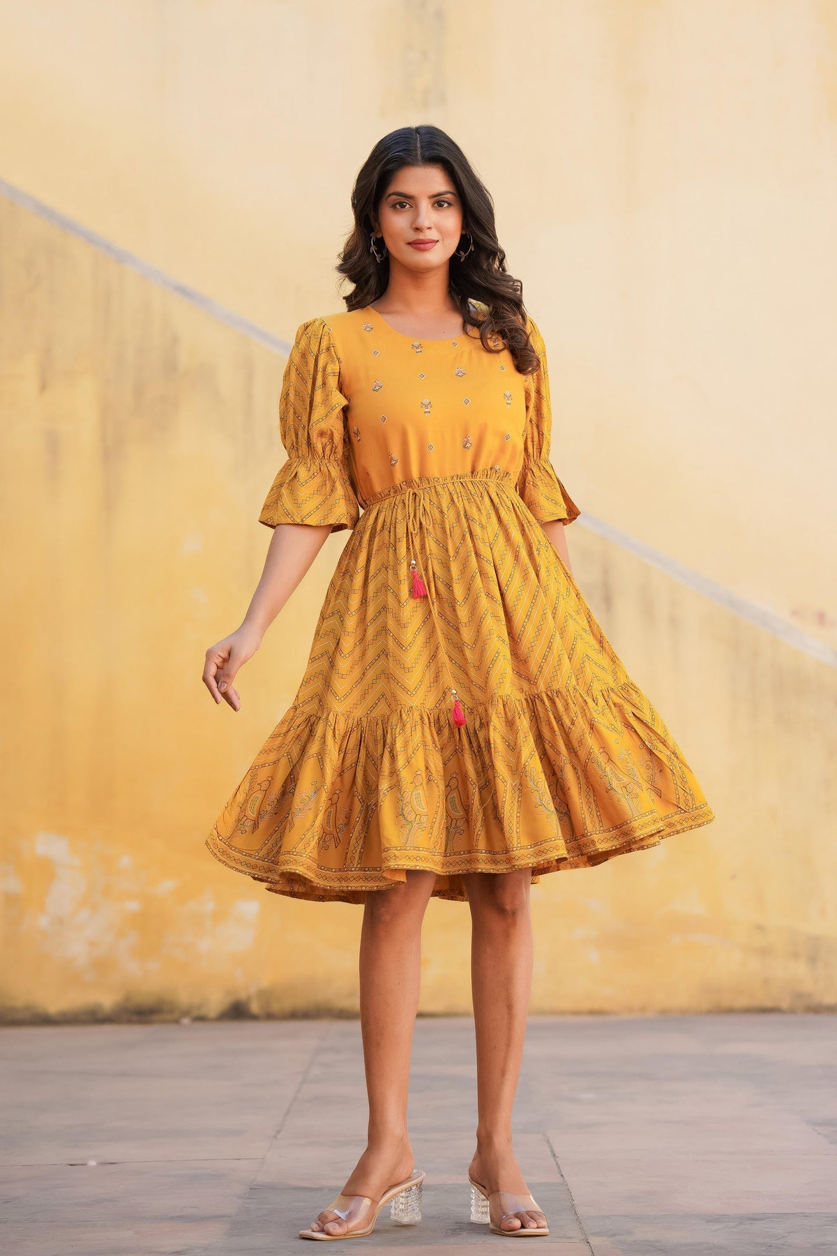 Juniper Mustard Ethnic Motif Printed Viscose Short Dress With Dori | Grocsy