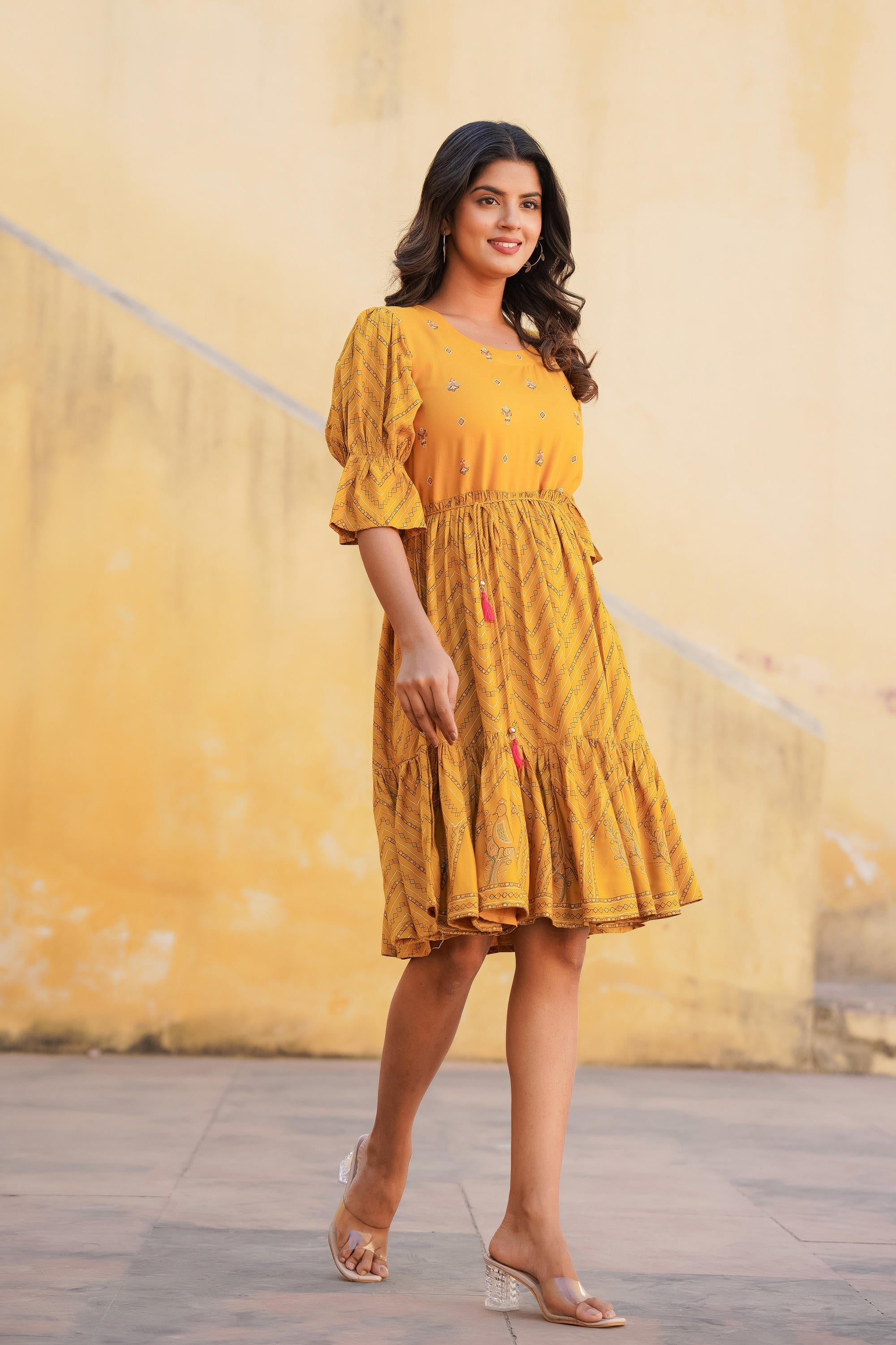 Juniper Mustard Ethnic Motif Printed Viscose Short Dress With Dori | Grocsy