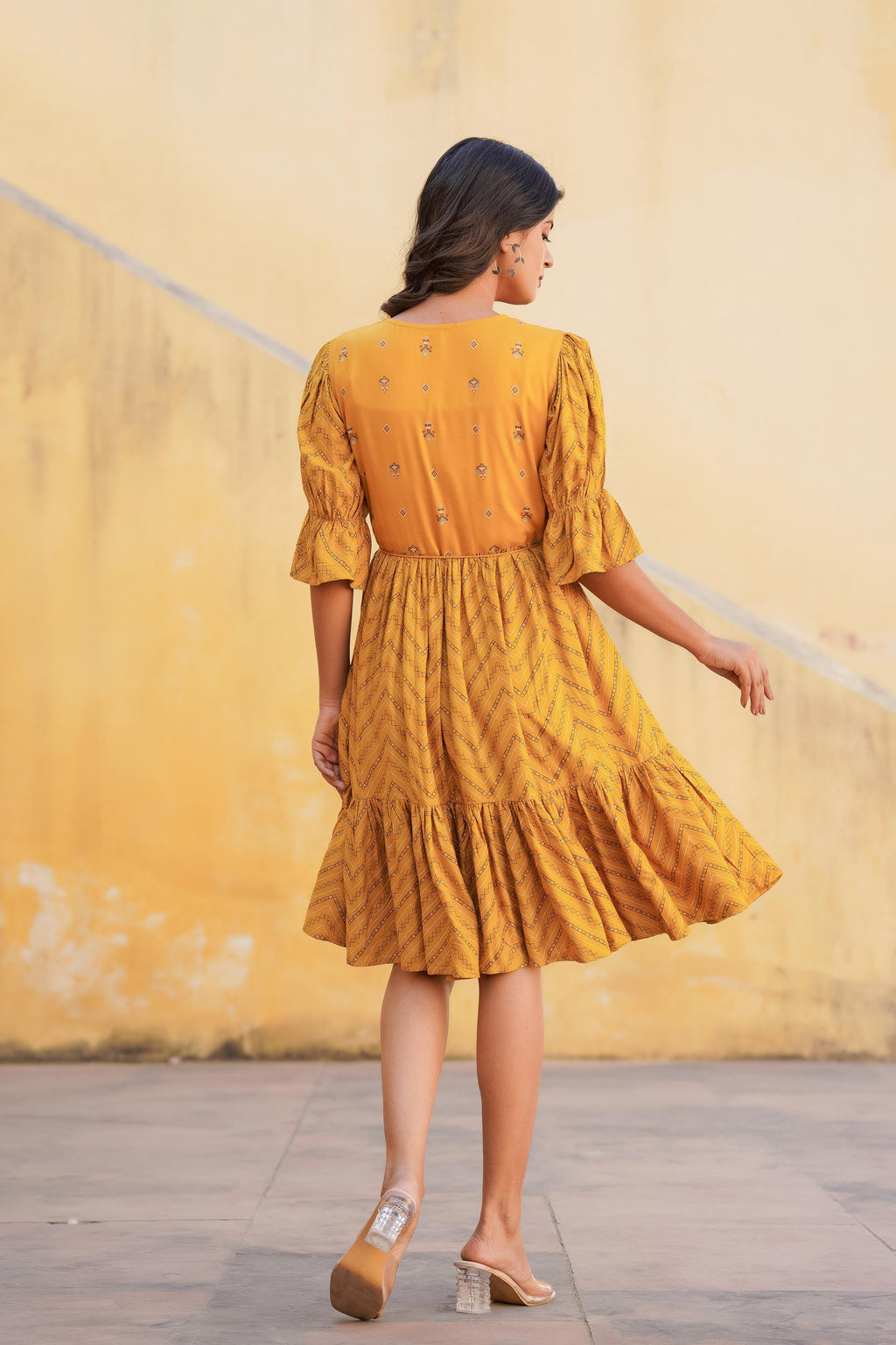 Juniper Mustard Ethnic Motif Printed Viscose Short Dress With Dori | Grocsy