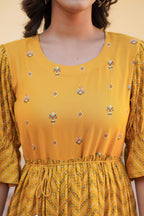 Juniper Mustard Ethnic Motif Printed Viscose Short Dress With Dori | Grocsy