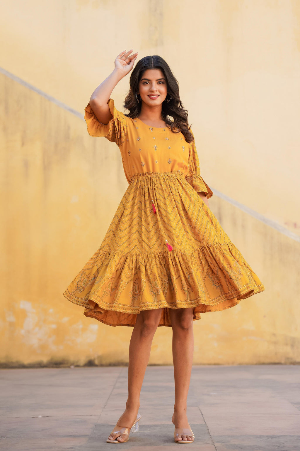 Juniper Mustard Ethnic Motif Printed Viscose Short Dress With Dori | Grocsy