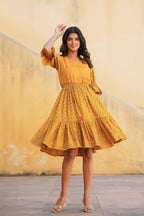 Juniper Mustard Ethnic Motif Printed Viscose Short Dress With Dori | Grocsy