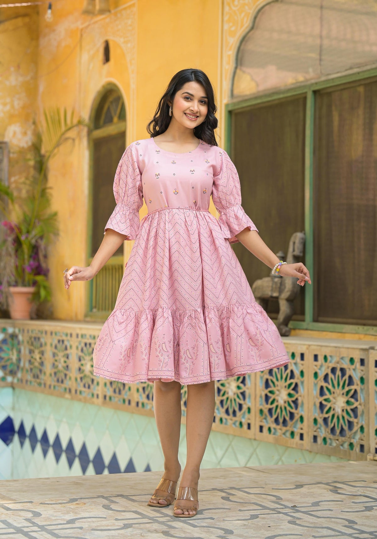 Juniper Blush Pink Bloom Fit & Flare Short Dress | Grocsy
