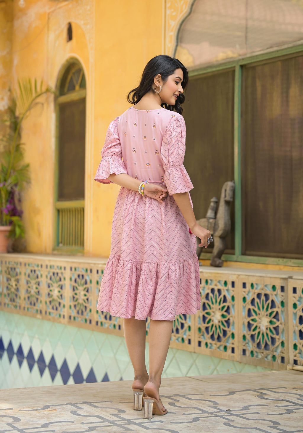 Juniper Blush Pink Bloom Fit & Flare Short Dress | Grocsy